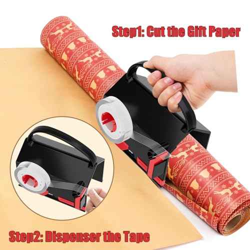 2-Pack Wrapping Paper Cutter & Tape Dispenser for Christmas Gift, Improve Gift Packaging Efficiency, Makes The Cutting line straighter, Cutting Tool with 4 Tapes£¬2 Replace Blades Kit, Red and Black