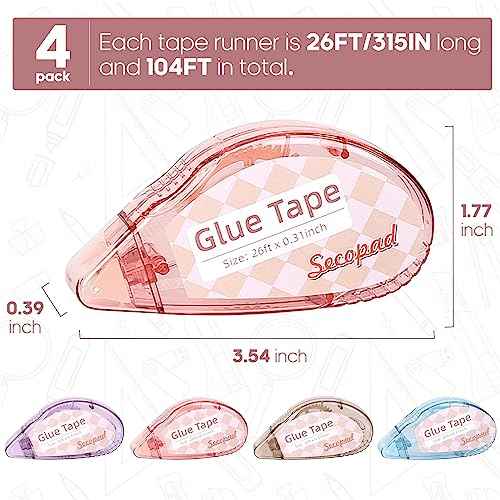Scrapbook Tape, 4 Pack Double Sided Tape Roller for Crafts, Adhesive Glue Runner Scrapbooking Supplies Journaling School Office Teacher Supplies for Kids and Adults, 0.3IN x 26FT