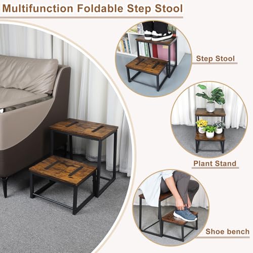 Vrisa Rustic Brown 2-Step Wood Stool with 550 Lbs Load Capacity — 3-in-1 Foldable Bedside Kitchen Stool