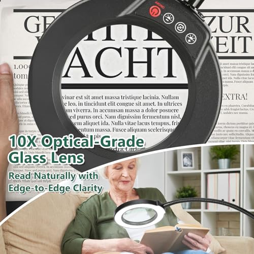 10X Magnifying Glass with Light and Stand, 24" Flexible Gooseneck 3-in-1 LED Floor Lamp, Optical-Grade Real Glass Lens, 5 Color Modes Stepless Dimmable, Lighted Magnifier Hands Free for Close Work