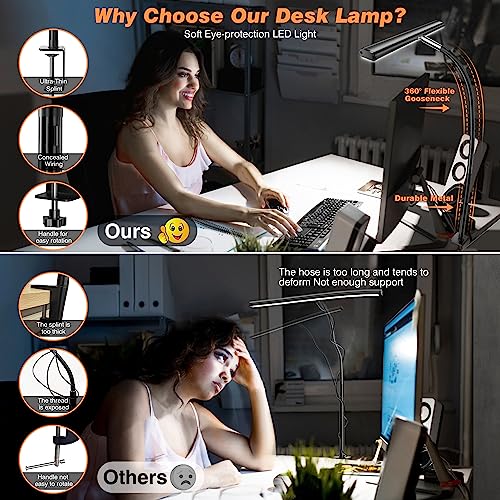 Airlonv Black LED Desk Lamp with Clamp, 17-Inch Stepless Dimming & Flexible Gooseneck