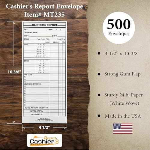 500 Cashier Depot - Cashier¡¯s Report Envelopes MT235 ? 4 1/2" x 10 3/8", White 24lb Paper, Cash Deposit Report, Money Envelopes for Retail, Restaurants, Hotels, Small Business (500 Envelopes)
