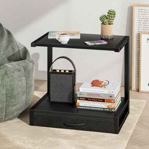YAOHUOO 2-Tier Desktop Printer Stand with Fabric Drawer, Prtiner Table with Storage Shelf, Desk Organizer for Home Office,3D Printer,Fax Machine,Scanner, 17.3"x11.8" Black