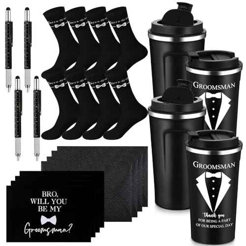 Nuanchu 4 Set Groomsmen Gifts for Men Wedding Proposal Gift 17 oz Stainless Steel Tumbler Groomsman Socks Multi Tool Metal Ballpoint Pen with Black Greeting Card Envelope for Groomsmen male (Black)