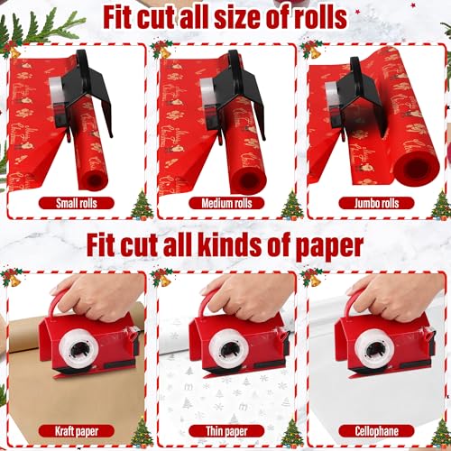 2 Pack Wrapping Paper Cutter & Tape Dispenser, Dual Use Christmas Gift Wrap Cutter Slider Tool with 4 Tapes & 2 Replaceable Blades for Holiday & Birthday Wrapping Paper Roll, Red and Black
