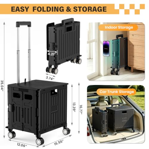 SUNALLY Folding Utility Cart with Lid - Black Rolling Handcart for Shopping & Travel