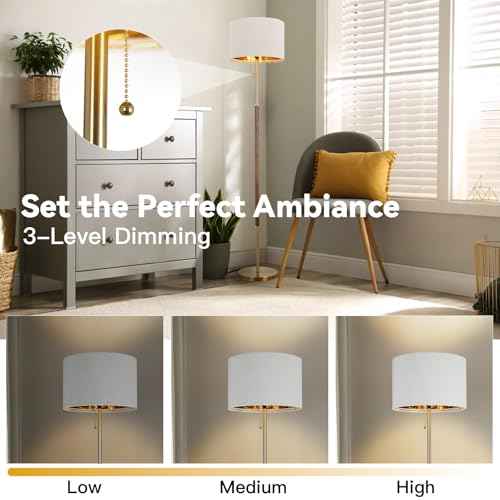 Wood Floor Lamp for Living Room Gold Traditional Farmhouse Floor Lamps Mid-Century Pole Lamp with Linen Lamp Shade, Standing Tall Floor Lamps for Bedrooms and Office (Gold)
