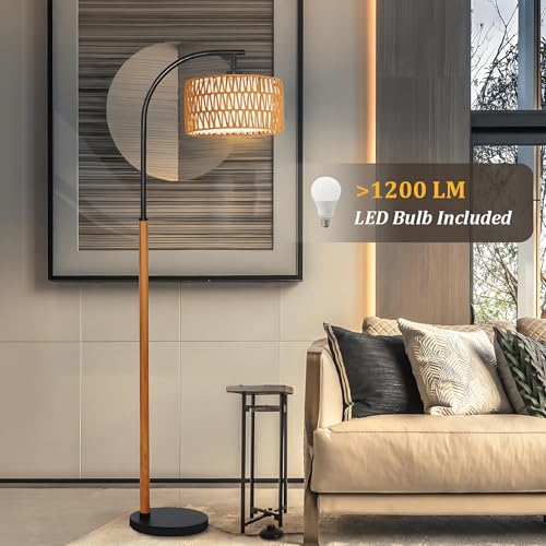 65¡± Brown Black Boho Floor Lamp for Living Room, 1200 Lumens 3-Level Brightness Rattan Arc Floor Lamp for Bedroom, Wood Mid Century Modern Arc Standing Lamp, Boho Tall Lamp, LED Bulb Included