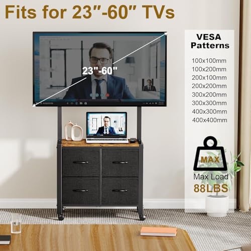 Cottage Charm Black Mobile TV Cart for 23-65 inch TVs, 88 lb load, with 4 Fabric Drawers & Wood Shelf