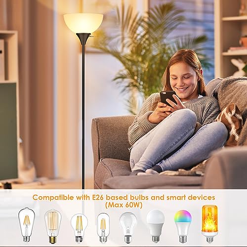 Coucrek Black Modern LED Floor Lamp with White Plastic Shade - Tall Living Room Standing Light, 70-inch, Smart Compatible, Bulb Not Included