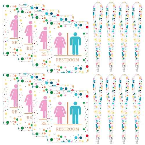 Ireer 8 Sets Bathroom Pass Restroom Passes, Unbreakable Bathroom Classroom Passes Durable Bathroom Tag with Key Holder Keychain Sign for Office Nurse Boy Girl (Polka Dot Style)
