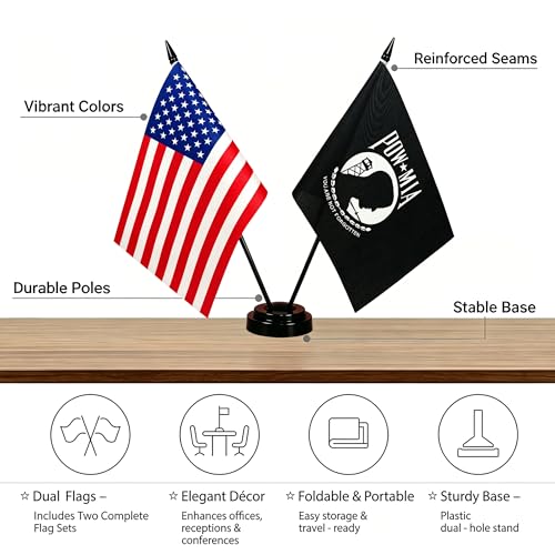 Pow Mia Twin Desk Flag - U.S. & POW/MIA American Flags Set, 8 x 5 Inches, Flag Stand Included