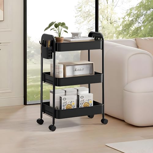 Heavy-Duty 3-Tier Metal Rolling Cart – ZXICEU Matte Black Utility Cart