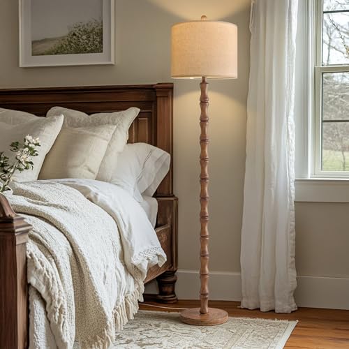 BOBOMOMO 62-Inch Rustic Floor Lamp in Light Walnut - Farmhouse & Retro Style, Resin Standing Lamp with Rotary Switch for Living Room, Bedroom, and Home Décor