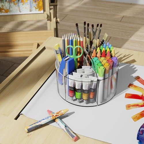 Acrylic Pen Holder, 2 Pack 360 Rotating Organizer With 6 Compartments, Desk Office Storage for 800 Pens, Markers, Crayons and Art Supplies
