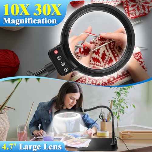 30X 10X Magnifying Glass with Light and Stand, 72 LED 3 Color Modes Stepless Dimmable, Hands Free Lighted Magnifier Desk Lamp for Close Work Craft Hobby Painting Sewing Jewelry Reading, Square