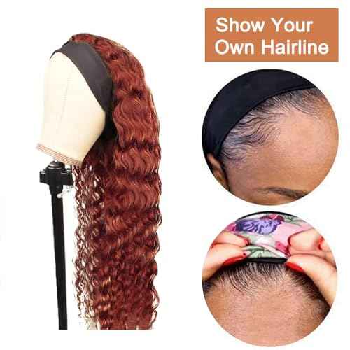 32 Inch #33 Reddish Brown Headband Wig Human Hair 150% Density Grade 8A Unprocessed Brazilian Virgin Hairs Machine Made Auburn Brown Water Wave Headband Wig Human Hair None Lace Front Wig