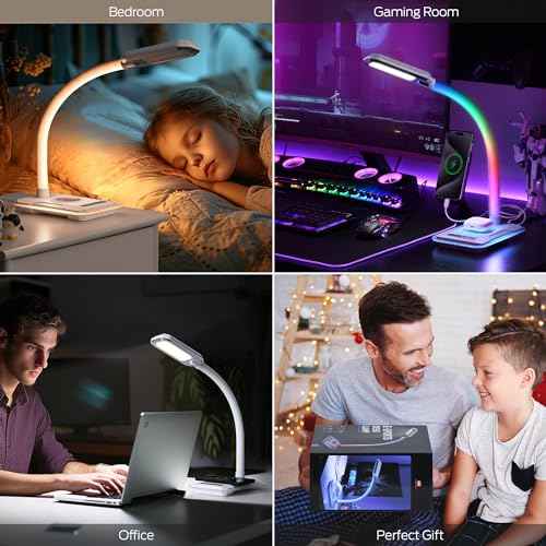 WILIT Desk Lamp with Wireless Charger, Music Sync RGB Color Changing Lights, Gaming Lamp with USB Charging Port, Touch Control Table Lamp, Desktop Light for Home Office Dorm Room, Birthday Gifts
