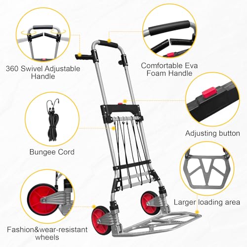 360 LBS Folding Hand Truck Dolly Cart, Upgraded Aluminum Hub Frame, Portable Aluminum Dolly Cart with Swivel Handle and Elastic Cord for Moving, Warehousing, Shopping,Travel, Office Use (Sliver)