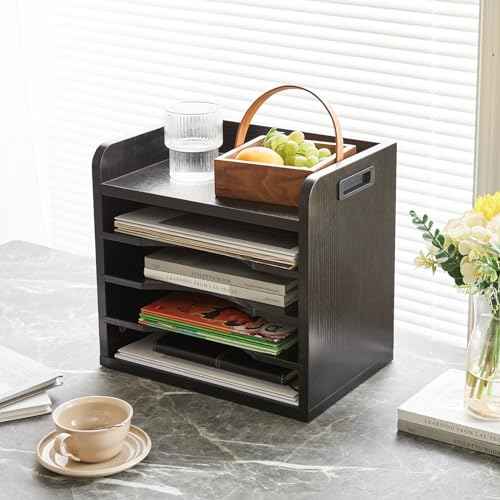 YMYNY Desktop File Organizer with Handle, Document Letter Mail Tray Sorter with 3 Adjustable Shelves, 5 Tiers Paper Holder for School Home Office Desk,Black,13.4 * 12.4 * 9.06" UHBC006B