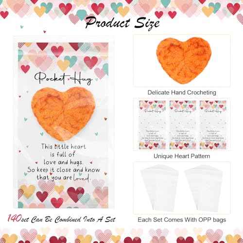 140 Sets Emotional Support Gift Bulk Cute Hand Crocheted Pocket Hug Heart Inspirational Cards and Bags Classroom Gift Exchange Party Favors for Preschool Toddler Boy Girls