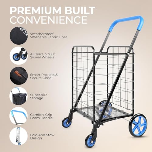 SereneLife Small Compact Folding Shopping Cart with Removable Waterproof Liner ? 360¡Æ Swivel Wheels, Rust?Proof Steel Frame, 70?lb Capacity ? Portable Grocery, Laundry & Travel Cart (Blue)