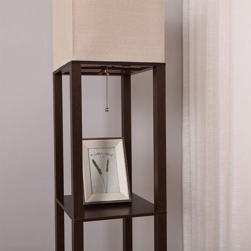 HomeFocus - Floor Lamp with Shelves, Shelf Floor Light with LED Bulb, Modern Wood Shelf Standing Lamp, Corner Display Floor Lamp for Living Room, Bedroom, Office, Linen White Shade, Wood, Brown.
