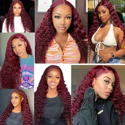 #99J Bundles Human Hair Deep Wave Bundles 28 Inch Burgundy Deep Wave Bundle Unprocessed Brazilian Virgin Weave Hair 1 Bundle 50 Gram Per Bundle