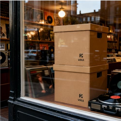 Vinyl Record Storage Box & Moving Box ? Sturdy Cardboard with Removable Lids and Handles, Holds 60 Records/Laser Discs Each - Set of 4 Boxes