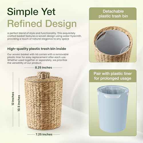 2 Gallons Wicker Waste Basket - Water Hyacinth Bathroom Garbage Can with a Lid - Bathroom Trash Can Boho Style - Wicker Trash Can with Lid for Household, Kitchen - Removable Liner, Iron Frame