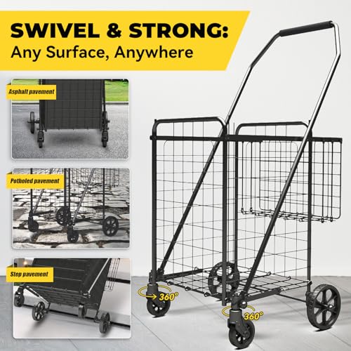 Folding Shopping Cart with 360¡Æ Rolling Swivel Wheels - Foldable Grocery Cart with Double Basket & Waterproof Liner, Portable Heavy Duty Utility Carts for Laundry