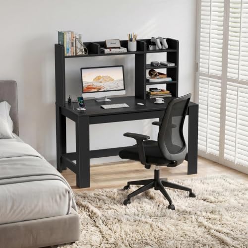 43in Black Gaming Desk with Hutch, Built-In Power Outlet & USB Ports
