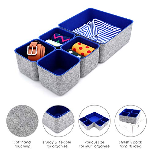 Welaxy Desk Drawer Organizers Storage bins Set Home Office Pen holder phone stand Remote controller Closet Cabinet boxes decluttering 5-piece gifts idea (Royal Blue)