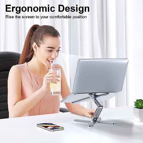 LIENS Adjustable Laptop Stand with 360 Rotating Base, Aluminum Laptop Riser for Desk Foldable, Ergonomic Notebook Stand Holder Compatible with iPad and MacBook/All Laptops up to 16 inches - Silver