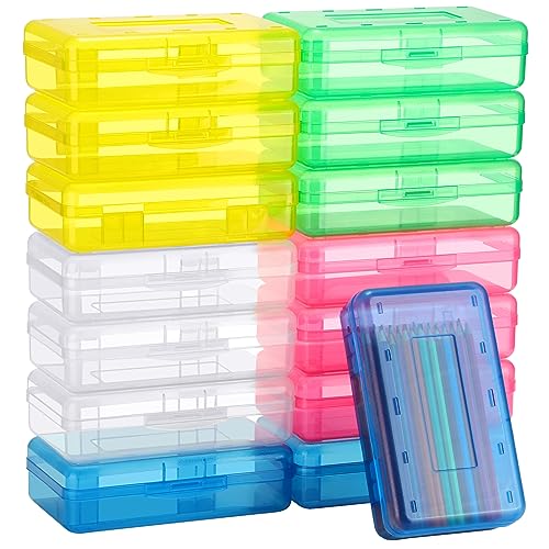 15 Pcs Clear Pencil Box Bulk Plastic Large Capacity Pencil Boxes Hard Pencil Case Organizer with Snap Tight Lid for Kids Boys Girls Multi Purpose School Classroom Home Office Supplies, 5 Colors