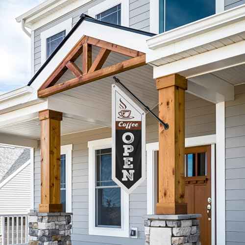 Coffee Open Flag, Double-Sided Coffee Hanging Banner with Flagpole Kit & Bracket ? Coffee Signs for Caf?s, Coffee Shops, and Street Vendors (Black-B, 27")