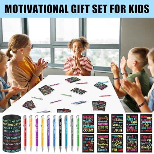 Sabary 150 Pcs Welcome Back to School Gifts Bulk Inspirational Notepads Motivational Ballpoint Pens Motivational Quote Rubber Wristbands Set Pocket Journals Metal Pens for School Office Supplies