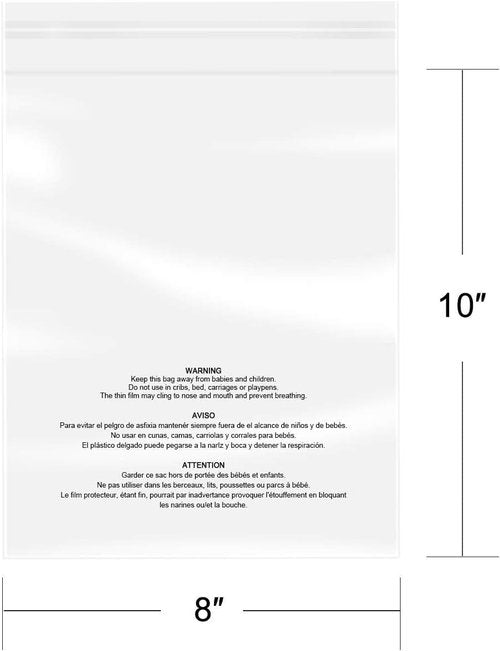 iMailer Clear Poly Bags - 200 Pcs Self-Seal 8" x 10" with Suffocation Warning for Clothing & Crafts