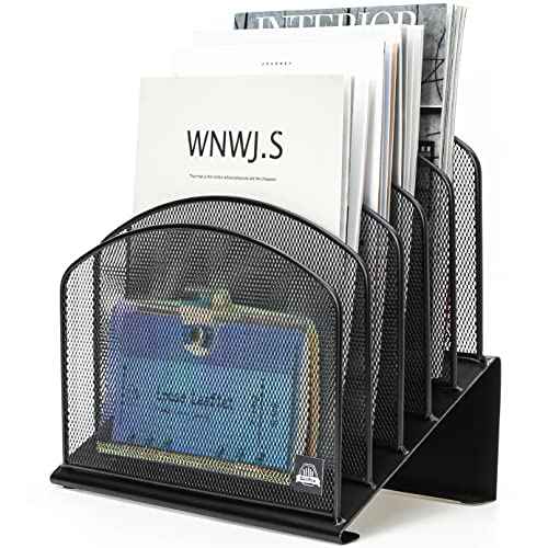 Inclined Desk File Organizer, 5-Section Vertical File Folder Holder Stand Metal Rack File Sorter for Office Classroom Desktop Organization (Black, 1Pack)
