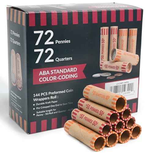 L LIKED 144 PCS Preformed Coin Wrappers Rolls for Penny and Quarter, 72 Each Denomination