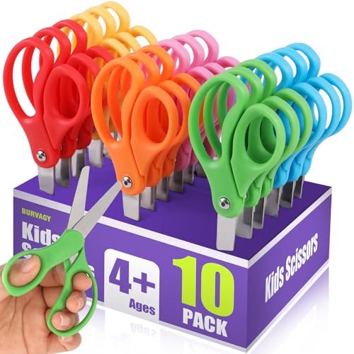 BURVAGY 10 Pack Kids Safety Scissors - Small Blunt Tip Children’s Craft & School Scissors