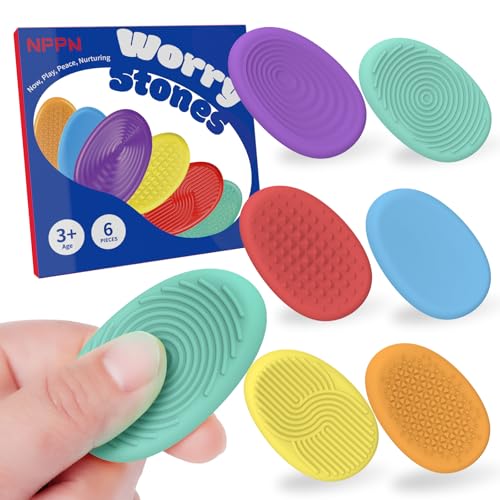 Sensory Stones 6 Pack - Hard Plastic Worry Stones for Adults & Autism Kids, 11 Textured Calming Toys for Anxiety Relief, Quiet Fidget Toys for Classroom & Office