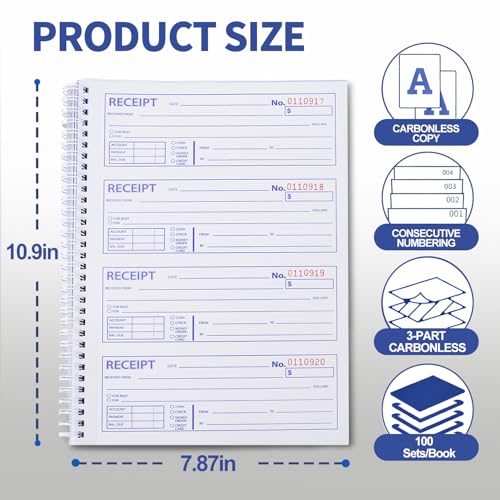 Sunanday 6 Pack Spiral 3-Part Carbonless Receipt Books, 100 Sets/Book