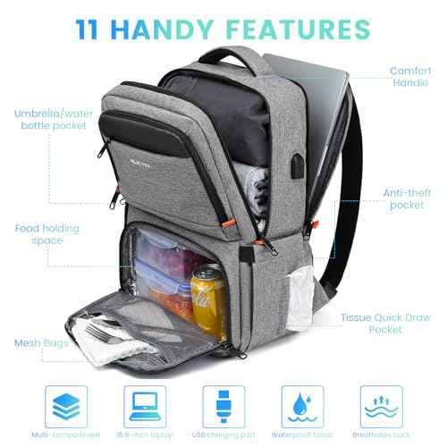 Lunch Backpack, Insulated Cooler Backpack Lunch Box for Men Women, 15.6 Inches RFID Blocking Laptop Backpack with USB Port for Work Travel Picnics Hiking Grey