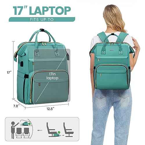LOVEVOOK Laptop Backpack for Women,17 Inch Professional Womens Travel Backpack Purse Computer Laptop Bag Nurse Teacher Backpack,Waterproof College Work Bag Carry on Backpack with USB Port,Mint Green