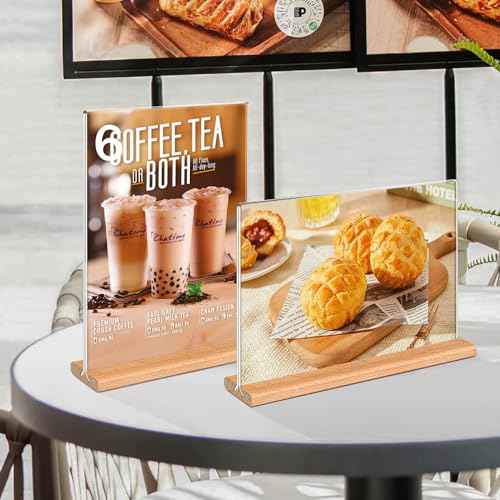 Kersally Acrylic Sign Holder 11 x 8.5'', 4 Pack Double-Sided Clear Table Display Stands with Wood Base,Horizontal Acrylic Frame Menu Flyer Paper Holder for Store, Restaurant, Hotel, Office, Show Fair