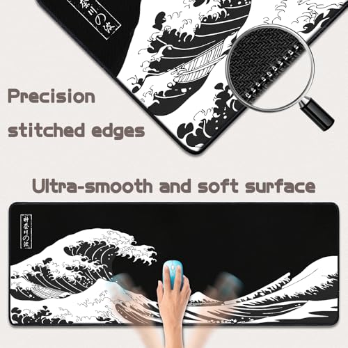 Yuhijoy Black Wave Large Gaming Mouse Pad 31.5 x 11.8 inch Desk Mat for Gaming and Office