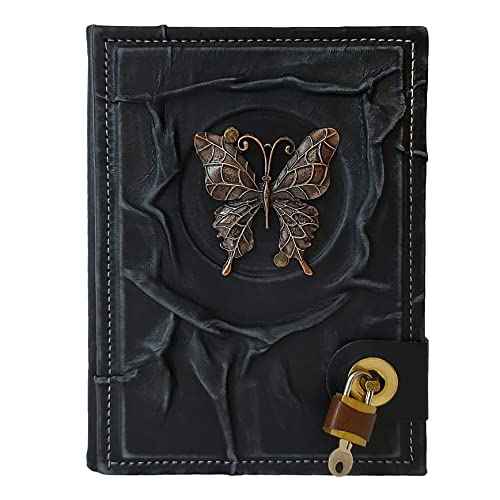 Fairy Butterfly Figured Locked Genuine Leather Notebook Diary, Handmade Journal With Lock, Secured Lockable Real Padlock, 9x6.7 Inches, College Poetry Sketch Book, Birthday, Anniversaries.