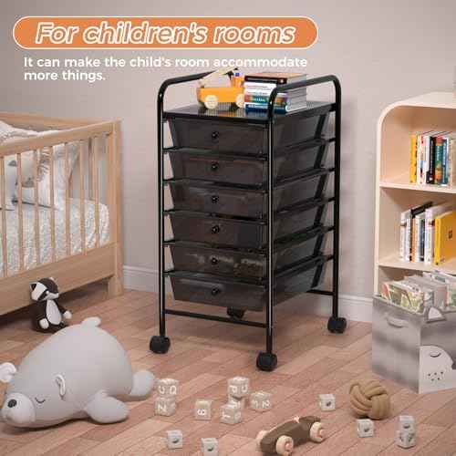 6 Tier Utility Rolling Cart with 6 Drawers Multipurpose Rolling Storage Cart with Wheels and Handles for Office Classroom Kitchen Bathroom Bedroom Organization Black