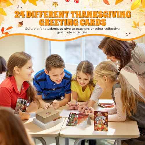 Tenceur 240 Sets Thanksgiving Cards with Envelopes Set Turkey Maple Leaf Happy Thanksgiving Greeting Card Bulk Happy Holiday Postcards for Fall Season Gift Autumn Party Favors, 24 Designs